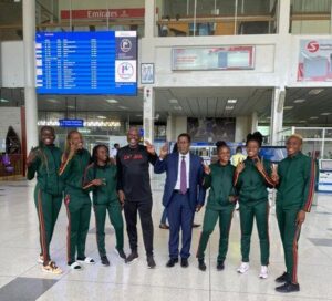 Zambia Athletics ZA Team Zambia lasses with National Coach Douglas Kalembo and Mpondela