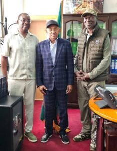 Former Confederation of African Football (CAF) president Ahmad Ahmad who is FIFA representative (centre),  met Ministry of Information Permanent Secretary (PS) Thabo Kawana (right) over broadcast rights of this year’s FIFA World Cup on Saturday, 16th May, 2026. ZNBC secure rights to broadcast the Thursday, 11th June, 2026 to Sunday, 19th July 2926 tournament hosted by three nations; Canada, Mexico and United States (U.S,). And Football Association of Zambia (FAZ) president, Andrew Kamanga (left), at the New Government Complex in Lusaka, Zambia.