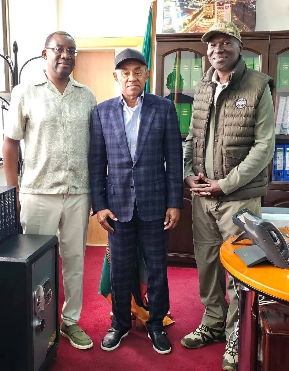 Former Confederation of African Football (CAF) president Ahmad Ahmad who is FIFA representative (centre),  met Ministry of Information Permanent Secretary (PS) Thabo Kawana (right) over broadcast rights of this year’s FIFA World Cup on Saturday, 16th May, 2026. ZNBC secure rights to broadcast the Thursday, 11th June, 2026 to Sunday, 19th July 2926 tournament hosted by three nations; Canada, Mexico and United States (U.S,). And Football Association of Zambia (FAZ) president, Andrew Kamanga (left), at the New Government Complex in Lusaka, Zambia.